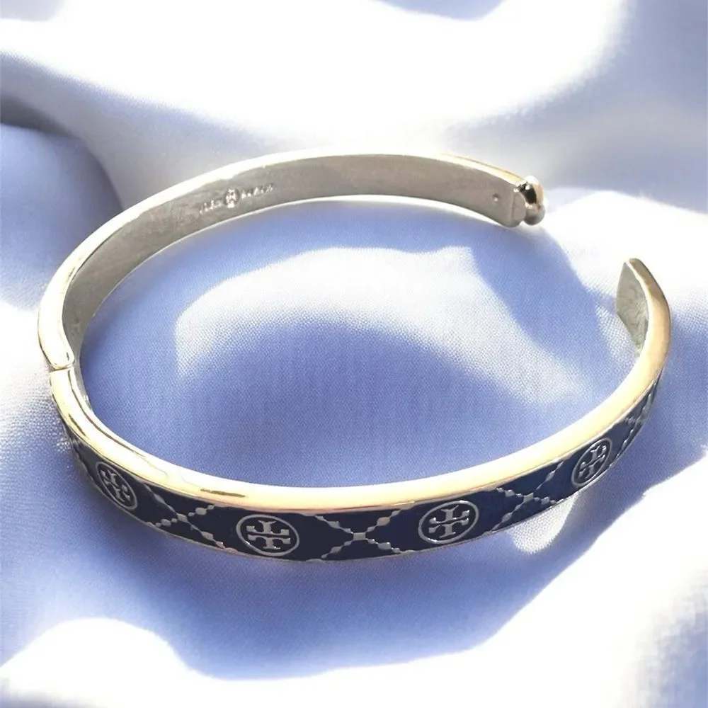TORY BURCH T MONOGRAM HINGE SILVER AND BLUE ENAMEL BRACELET